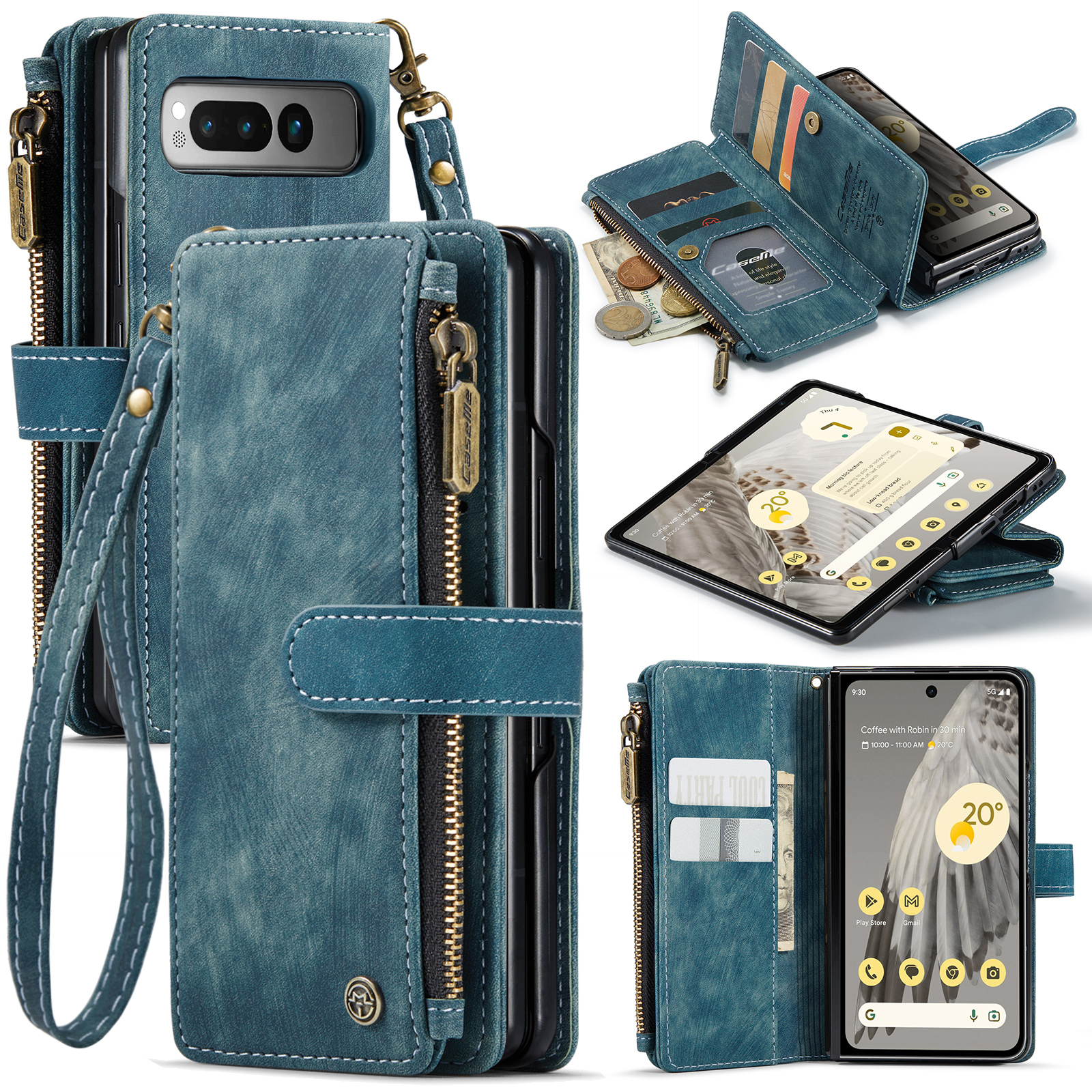 for Google Pixel Fold Case, Wallet Case with Card Holder Kickstand Magnetic Zipper Pocket Lanyard Strap Wristlet,Leather Flip Case Wallet for Google Pixel Fold, Blue